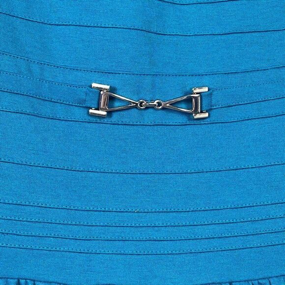 WHBM Teal Blue Ponte Pintucked Drop Waist Belted Short Sleeve Dress Size 4 - Picture 4 of 6